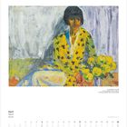 April 2027. Malerei einer Frau in gelbem Kleid mit Blumen. Untere Monatsübersicht mit Kalendertagen.