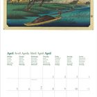 Kalenderseite für April. Japanische Landschafts-Illustration mit Fluss, Boot und Bäumen oben. Feiertage und mehrsprachige Wochentage.