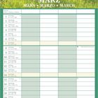 Text: "März, Mars, Marzo, March." Wochen- und Monatsnamen aufgelistet. Gelbe Tulpen im Feld.