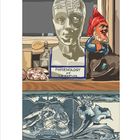 "PHRENOLOGY BY L.N. FOWLER", "April". Eine Büste mit phrenologischen Markierungen, ein Gartenzwerg und Tierillustration.