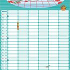 Kalender März. Illustration: Gelbe Ente, Maus und blauer Elefant essen Spaghetti. Tage mit Linien zum Eintragen.