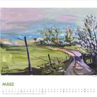 MÄRZ. Zum Bodden. Ein Gemälde zeigt einen geschwungenen Weg durch eine blühende Landschaft unter einem pastellfarbenen Himmel.