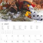 3 · 2027. Ein Plüschbär sitzt in Stroh, liest ein Buch, umgeben von Eiern und Stofftieren. Darunter ein Kalender.