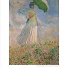 Das Datum 18 ist hervorgehoben. Gemälde einer Frau mit grünem Sonnenschirm in einer blühenden Wiese unter blauem Himmel.