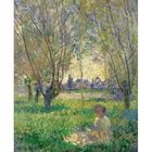 Eine impressionistische Malerei zeigt eine Frau, die unter Weidenbäumen sitzt. Im Hintergrund sind Gebäude sichtbar.