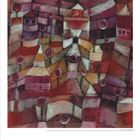 Öl und Federzeichnung auf Papier auf Karton, 47 x 47 cm. Abstraktes Gemälde mit Häusern und stilisierten Bäumen in Rot- und Brauntönen.