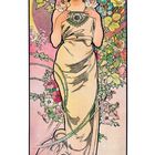 Illustration von Alfons Mucha: Frau in goldenem Kleid, von Blumen umgeben. Blumenschmuck im Haar, kunstvoller Stil.