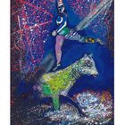 "The Acrobat and the Horse, ca. 1927-28." Eine bunte Illustration mit abstraktem Akrobaten auf einem Pferd, umgeben von funkelnden Farben.