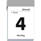 Januar, 1. Woche, 4, Montag. Kalenderdesign mit Datum, Wochennummer und Wochentag in klarer, lesbarer Schrift.