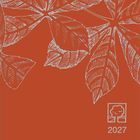 2027; weiße Kastanienblätter auf orangefarbenem Hintergrund; Baum-Logo unten rechts.