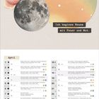 Kalender für April mit Text "Ich beginne Neues mit Feuer und Mut." Links oben eine Collage aus Blume, Mond, und Planeten.