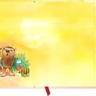 Gelber Hintergrund, links stehen ein gestreifter Tiger und ein Bär nah beieinander vor einem Busch.