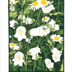 „Glockenblumen“. Kalenderblatt „3“. Illustration von Glockenblumen und Gänseblümchen in Grün, Gelb und Weiß.