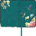 Illustration einer geöffneten Notizbuch-Seite mit Kolibris und Blumenmotiven.