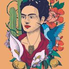 "MÄRZ, Kalender mit Daten, Illustration einer Frau umgeben von Blumen, Kakteen und einem Vogel."