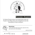 Der Text beschreibt, wie Blumen Farbe und Freude in den Alltag bringen. Eine Karikatur zeigt zwei lächelnde Personen.