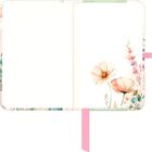 Keine Texte vorhanden. Illustration eines geöffneten Buches mit pastellfarbenen Blumen an den Rändern.