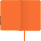 Eine orangefarbene Illustration eines geöffneten Notizbuchs mit glatten Seiten und einem Lesezeichen in der Mitte.