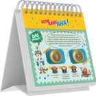 "BOOM BANG AHA!", "DAS PASSIERT!" Zwei Sandbilder mit Erklärungen und eine Illustration einer Katze mit Schutzbrille.