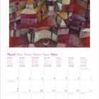 März, Montag, Dienstag, Mittwoch, Donnerstag, Freitag, Samstag, Sonntag in mehreren Sprachen. Illustration von Gebäuden.