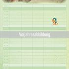 Vorjahresabbildung. Wochenkalender für März. Bunte Drachenillustration auf Felsen, umgeben von Pflanzen.