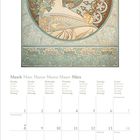 März-Kalender mit Wochentagen in mehreren Sprachen. Jugendstil-Illustration von Frau mit Efeu verzierter Frisur.