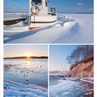 Monatskalender für Dezember 2027. Oberes Bild: Ein kleines Boot im Schnee. Untere Bilder: Winterlandschaften am Meer.