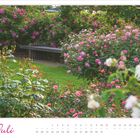 Schriftzug "Juli" in geschwungener Schrift, darunter ein Kalender. Eine Bank ist von blühenden Rosen umgeben.