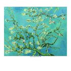Text: „Vincent van Gogh, Almond Blossom, 1890.“ Eine blühende Mandelbaum-Illustration mit türkisfarbenem Hintergrund.