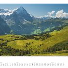 Kalendarium unten, Berge und Täler im Hintergrund. Text beschreibt die Aussicht auf den Eiger und Grindelwald in der Schweiz.