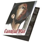 Text: "Cannibal Man". Illustration eines Mannes mit blutiger Wange und einem Messer.
