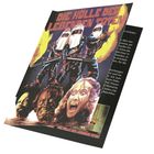 „DIE HÖLLE DER LEBENDEN TOTEN“ steht oben. Darunter Illustrationen von bewaffneten Figuren mit Masken und schreienden Gesichtern.