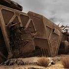 Ein futuristisches Fahrzeug liegt in einer Wüstenlandschaft umgestürzt, umgeben von Staub und Flammen.