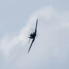 Ich kann den Text nicht erkennen. Ein Flugzeug fliegt vor einem bewölkten Himmel.