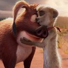 Keine Texte vorhanden. Eine Illustration zeigt ein Erdmännchen, das ein Warzenschwein umarmt, in einer savannenartigen Landschaft.