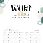 "Das Wort des Herrn ist verlässlich." Grafik mit Februar-Kalender, umgeben von grünen und goldenen Kreisen.