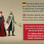 Die Neue Welt steckt voller Möglichkeiten. Vier wiedergeborene Krieger müssen ihre Vergangenheit konfrontieren. 
Vier farbenfrohe Charaktere in stilisierten Kostümen. Pegasus-Spiele-Logo.