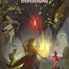 "The Vale of Eternity Flüche Erweiterung". Drei Figuren mit Waffen und Buch, mystische Szenerie, dunkle Farben. Logos unten.