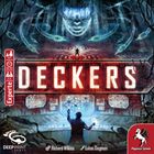 "DECKERS" in großen roten Buchstaben. Oben eine futuristische Aura mit einem Gesicht, unten eine Person an einem Display.