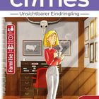"mini crimes: Unsichtbarer Eindringling", Frau mit Tasse, rote Bluse, Skelettkopf an Wand, Pegasus Spiele-Logo unten rechts.
