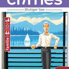 "Blutiger See", "mini crimes". Ein Mann mit Getränk vor See, Berge im Hintergrund. Pegasus Spiele Logo unten rechts.