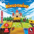 Text: "Kingdomino", "Spiel des Jahres 2017", "Familie", "8+", "15-30", "2-4". Illustration von Burg und Ländereien.