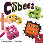 "Cubeez" in bunten Buchstaben mit lachenden Würfeln; Alter 6+, Dauer 10-15 Min., 2-4 Spieler. Familie-Spiel.