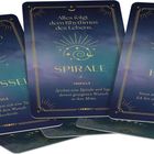 Drei Karten mit goldener Verzierung. Schlüssel, Spirale, Krone. Aussagen: neue Möglichkeiten, Lebensrhythmus, Würde.