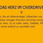 Text: „DAS HERZ IM OVERDRIVE“ und „All die Energie ... vermitteln sind.“ Gelber Hintergrund mit schwarzem Text.