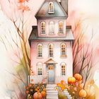 Oben "4", unten "HOUSE". Wasserfarben-Illustration eines dreistöckigen Hauses, umgeben von Kürbissen und Bäumen.