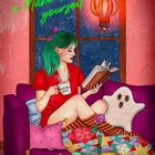 Text: "Make time for yourself" und "Witches Brew". Eine Person mit grünem Haar liest, trägt rote Kleidung auf lila Couch.