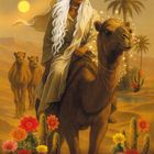 Camel & Cactus, ENDURANCE · RESILIENCE · RESOURCES. Illustration: Frau mit weißem Haar reitet ein Kamel in der Wüste.
