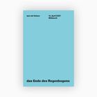Oben links: "was wir lieben", rechts: "14. April 2027 Mittwoch", unten: "das Ende des Regenbogens". Hintergrund in Hellblau.