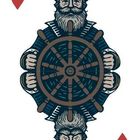 K und rotes Herz-Symbol. Illustration: Bärtiger Seemann im Kapitänshut steuert ein Schiff mit einem Rad und ist gespiegelt.